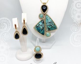RIVIERA LIFE natural semiprecious stone seed bead embroidery jewellery set with Chrisocolla, Amazonite and Black Onyx