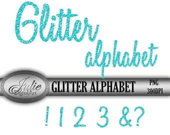 Turquoise glitter font digital Glitter alphabet clip art Letter clipart Cursive font PNG Blue glitter script digital Glitter numbers clipart