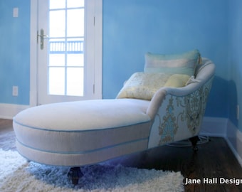 Upcycled, Upholstered- 1940's Chaise Lounge- Aqua Blue- Beige-Repurposed- Designers Guild- Silk-Cut Velvet Fabrics- By Jane Hall Design