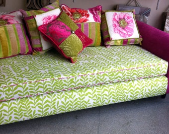 Upcycled Sofa, Decorative Pillows, Pink and Green, Designers Guild Fabrics, By Jane Hall Design