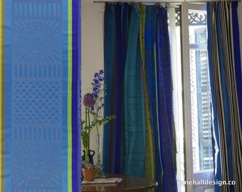 Curtain Panels, 54"x96", Designers Guild Kasida Ocean " Silk Satin Stripe in Lime Green and Sapphire Blue, From Jane Hall Design