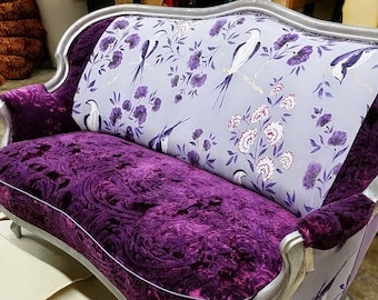 Upcycled, Antique Upholstered Settee, In Purple, Designers Guild Velvet and Silk Fabric, By Jane Hall Design