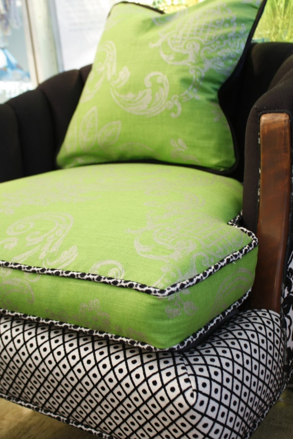 Upcycled Upholstered Vintage Tub Chair in Black White and Green Designers Guild Fabric By Jane Hall Design