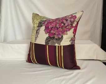 Designers Guild, 20”x 20” Bohemian Style, Pillow Cover, Purple and Magenta Green Cut Velvet and Printed Linen by Jane Hall Design