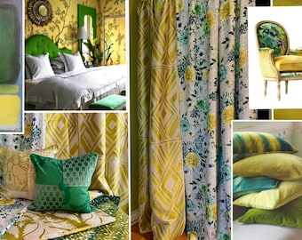 Matthew Williamson “Duchess Garden”, Custom Curtain Panels, Roman Blinds,Yellow and Emerald Green, Floral Design, From Jane Hall Design