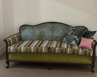 Designers Guild-"Amalienborg" Embroidered Silk-Boho Style- Upcycled- 1920s Vintage Sofa-Blue-Green, Velvet Fabrics-by Jane Hall Design