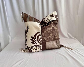 Designers Guild Boho Steppkissenbezug, braun-beiger Samt, bedruckte Baumwolle, Jane Hall Design, 50 x 50 cm
