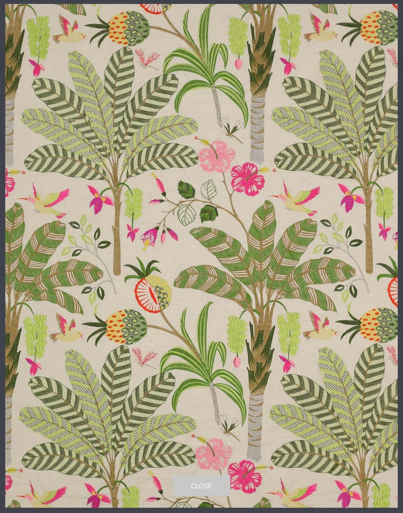 \u201cMaracatu\u201d Pink and Green Embroidered Banana Leaf On A Cotton Ground Jane Churchill Curtain Upholstery Fabric,Jane Hall Design