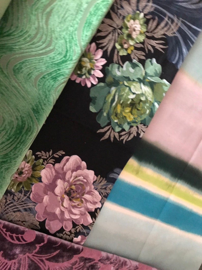 Midnight Blue Green Printed Linen and Cut Velvet Fabric Mauve Quilted Decorative Pillow Cover 20\u201dx 14\u201d Designers Guild Romantic Style