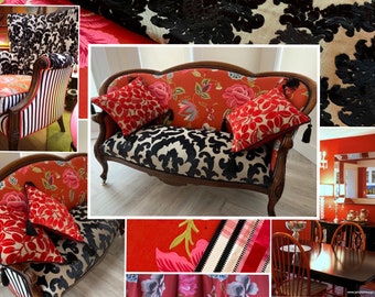 Designers Guild- Upcycled- Victorian Settee- in Red-Black- White- Printed Cotton Duck-Cut Velvet Fabrics, By Jane Hall Design