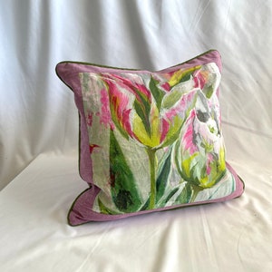 20”/20” Designers Guild, “Tulipa”, Bohemian Style, Decorative Pillow Cover, Magenta Purple and Green Printed Linen Fabrics