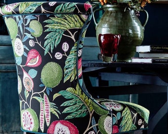 Sanderson “Jackfruit” Pink and and Green Floral On a Black Background Printed Cotton Curtain Fabric, From Jane Hall Designy