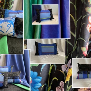 May include: A collage of images showcasing different fabric patterns and decorative pillows. The pillows feature a variety of colors and designs, including blue, green, black, and floral patterns. The fabrics are all luxurious and elegant, making them perfect for adding a touch of sophistication to any home.