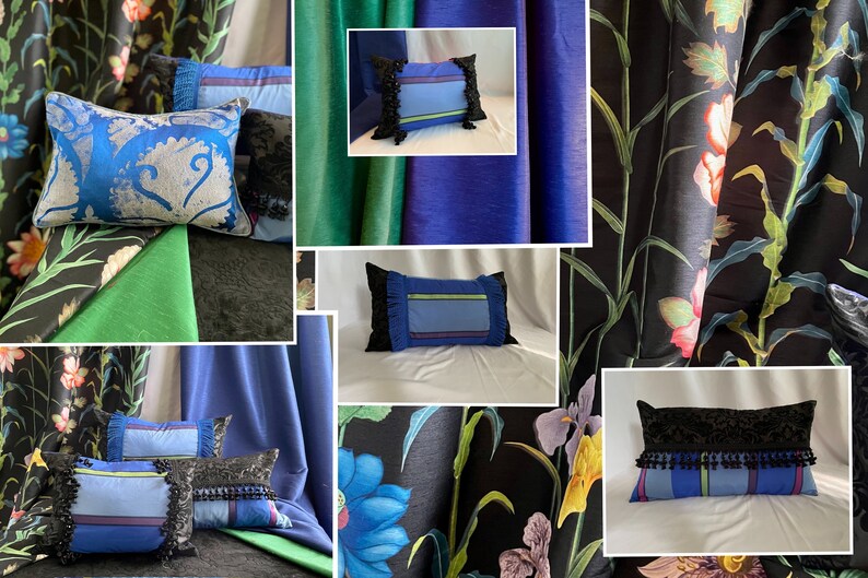 May include: A collage of images showcasing different fabric patterns and decorative pillows. The pillows feature a variety of colors and designs, including blue, green, black, and floral patterns. The fabrics are all luxurious and elegant, making them perfect for adding a touch of sophistication to any home.