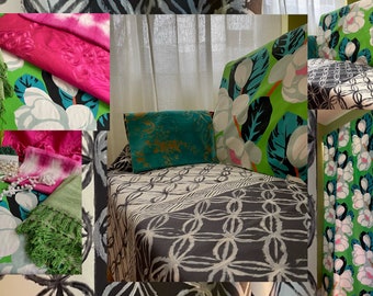 Upcycled Antique Loveseat, Designers Guild- “Flamingo Park”  Emerald Green-Black White- Stripe  Fabric- From Jane Hall Design