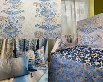 Upcycled-Antique Loveseat- Designers Guild-Damask “Calaggio-Slate” Velvet in Blue and White by Jane Hall Design