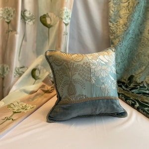 18”/18” Osborne and Little, Designers Guild, Quilted Decorative Pillow Cover, in Mineral Green and Taupe Velvet and Embroidered Silk Fabrics