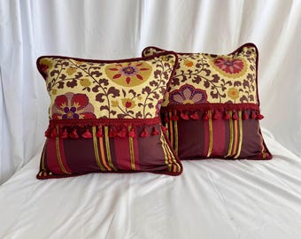 Decorative Pillow Cover, Romo, Striped Silk, Sanderson Printed Linen, Burgundy Green Beige Fabrics, 20”/20”, From Jane Hall Design