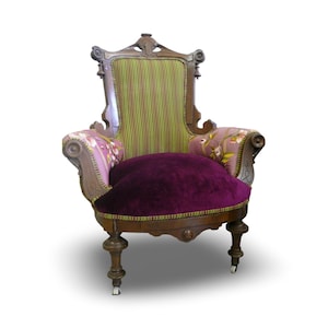 Upcycled, Upholstered, Antique Eastlake- Arm  Chair,  Bohemian Style, Purple, Pierre Frey Velvet and Silk, By Jane Hall Design