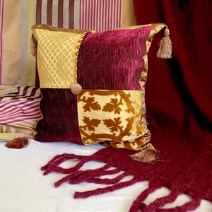 Scalamandre, 22&quot;x22&quot;, Bohemian Style, Quilted Decorative Pillow Covers,Burgundy Red, Gold Cut Velvet Fabrics, By Jane Hall Design