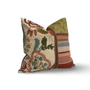 20”/20” Designers Guild, “Somerton” Bohemian Style, Decorative Pillow Cover- Green-Terracotta-Embroidered Linen, Velvet -Jane Hall Design