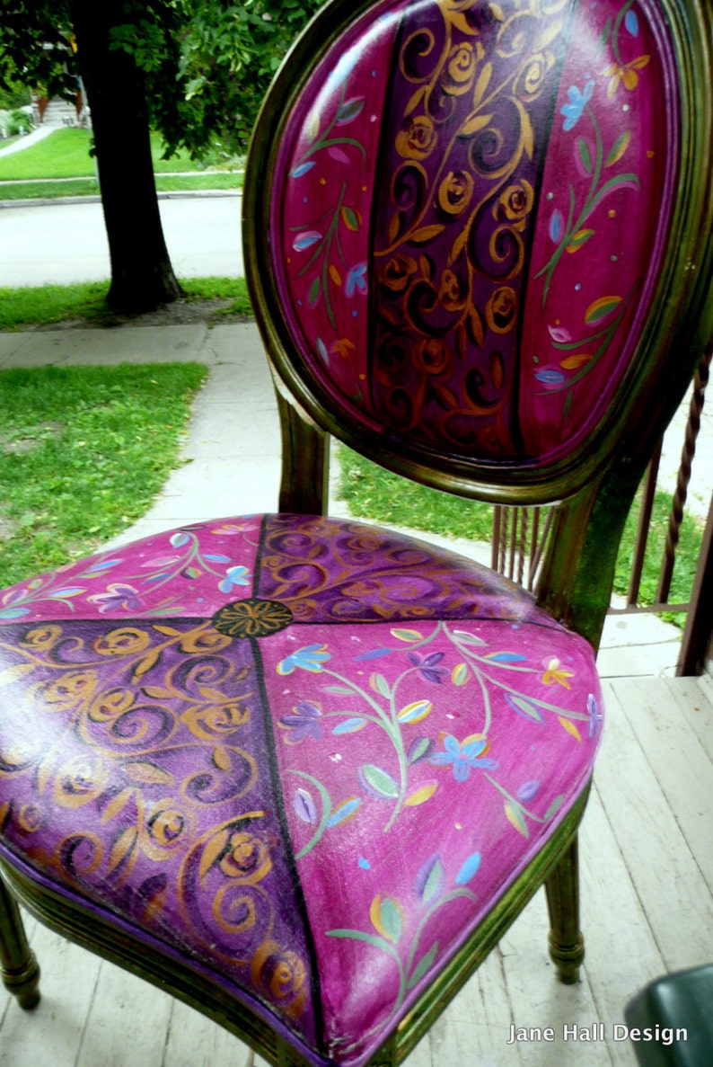Bohemian Style, Upholstered Dining Chair , Hand Painted, by Jane Hall