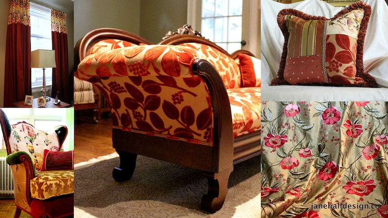 May include: A collection of home decor items featuring a floral theme. Includes a sofa with orange leaf-patterned upholstery, a decorative pillow with a patchwork design, and floral curtains. The color palette is warm, with shades of red, orange, and gold.