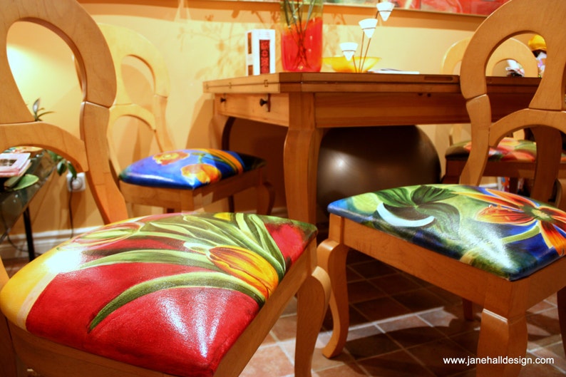 Dining Room Chair Seats InRed and Yellow by Jane Hall Design Hand Painted