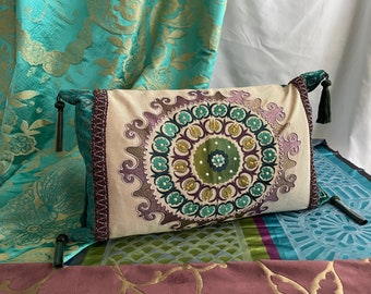14”/20” Decorative Pillow Cover, Teal Purple and Beige Embroidered Linen, Cut Velvet, Jane Hall Design