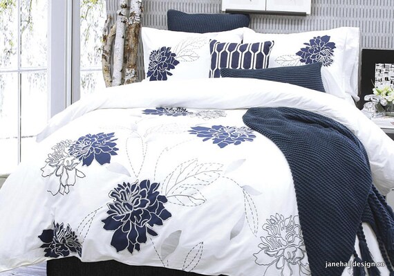 Navy Blue And White Embroidered And Applique Duvet Cover Etsy
