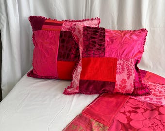 22”/22” Decorative Pillow Cover in  Designers Guild Bohemian Style Pink and Orange, Silk, Cut Velvet, Linen Fabrics, From Jane Hall Design