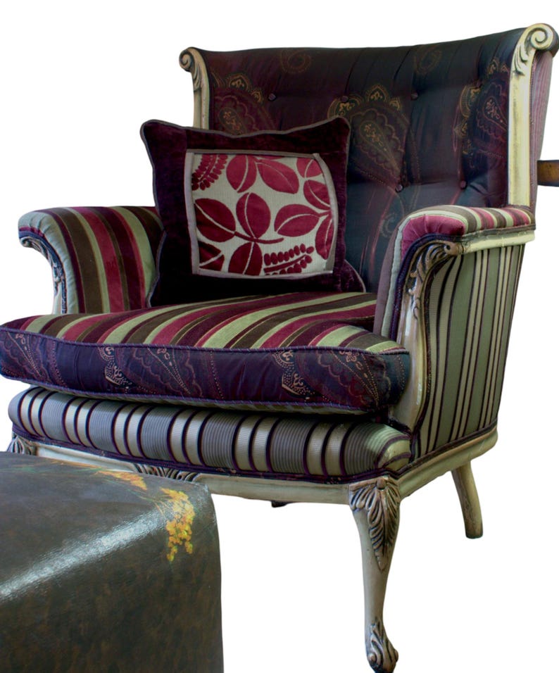Upcycled Vintage Armchair: Bohemian Purple & Green Designer Fabrics 画像 2