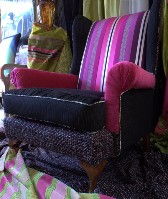 Hollywood Regency Style, Upcycled, Vintage Wing Chair in Designers Guild  Velvet, Silk, Tweed Fabrics,in Pink, Black and White Jane Hall -  Canada
