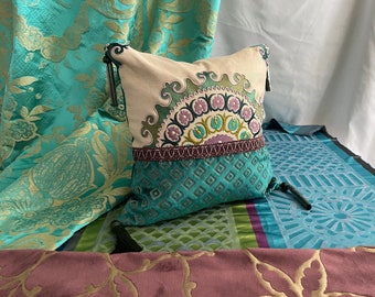 16”/16” Decorative Pillow Cover, Teal Purple and Beige Embroidered Linen, Cut Velvet, Jane Hall Design