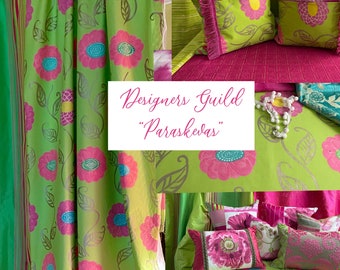 Gremio de diseñadores "Paraskevas" Tela para tapicería y cortinas de algodón estampada en rosa y verde, de Jane Hall Design