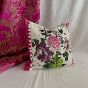 20”x 20&quot;, Designers Guild, “Amrapali- 11 Rose” Romantic Style, Decorative Pillow Cover, Magenta and Green Printed Cotton Sateen Fabric