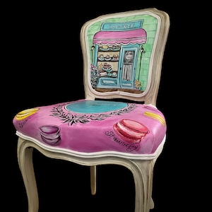 Hand Painted, Upholstered Chair, Pink Aqua White “Laudree” Design, By Jane Hall Design