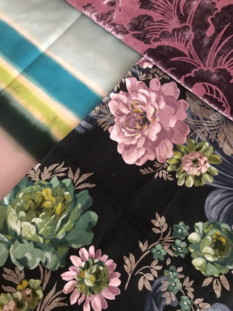 Midnight Blue Green Printed Linen and Cut Velvet Fabric Mauve Quilted Decorative Pillow Cover 20\u201dx 14\u201d Designers Guild Romantic Style