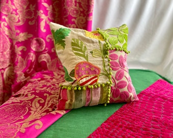 20”/20” “Kaliska” Embroidered Linen, Designers Guild Velvets, Decorative Pillow Covers in Pink, Emerald Green, Pompom Trim