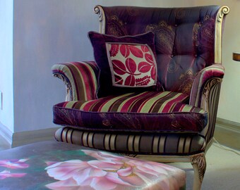 Upcycled Vintage Armchair: Bohemian Purple & Green Designer Fabrics