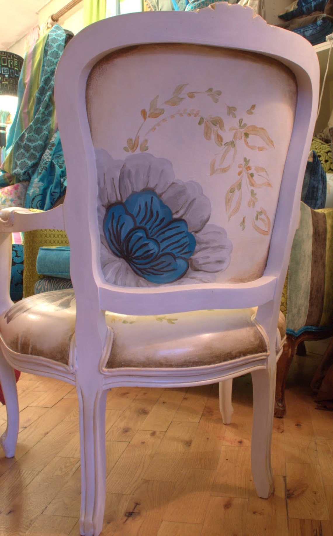 Hand Painted Upholstered Chair in a Blue and White Floral Etsy