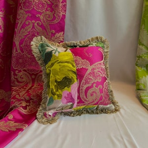 16”/16” Designers Guild Bohemian Style, Decorative Pillow Cover In Magenta and Emerald Green Printed Linen, Silk Fabrics, Jane Hall Design