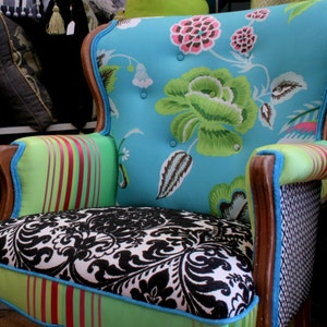Upcycled, Upholstered  Antique, Armchair, Repurposed In Turquoise and Black, Designers Guild Velvet and Silk Fabric, By Jane Hall Design