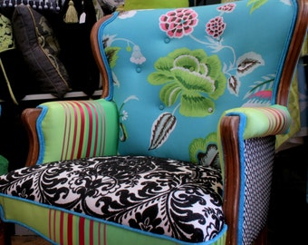 Upcycled Antique Armchair: Turquoise  Black Designers Guild Velvet, Cotton