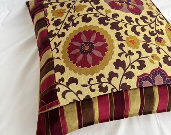 Decorative Pillow Cover, Striped Velvet, Printed Linen, Burgundy Green Beige Fabrics, 22”/22”, Jane Hall Design