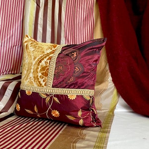 18”x 18” Robert Allen, Beacon Hill, Bohemian Style, Quilted Decorative Pillow Covers,Burgundy Red, Gold, Silk Fabrics, By Jane Hall Design