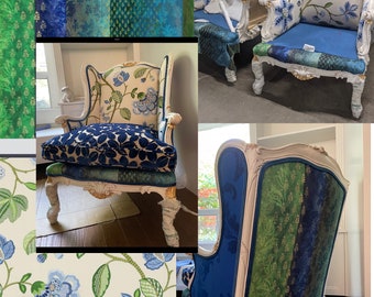 Upcycled, Upholstered  Antique Wing Chair, Designers Guild “Caliggo” Velvet, “Mina” Blue Green White Embroidered Cotton
