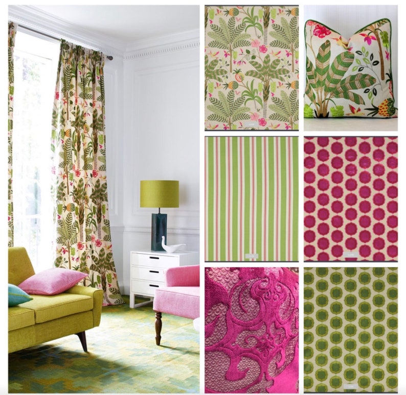 \u201cMaracatu\u201d Pink and Green Embroidered Banana Leaf On A Cotton Ground Jane Churchill Curtain Upholstery Fabric,Jane Hall Design