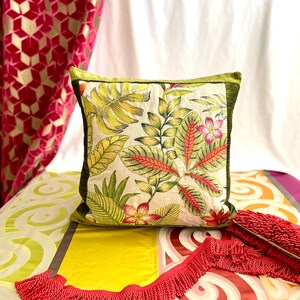 20”/20” Designers Guild “Savoie” “Laly” Bohemian Style, Decorative Pillow Cover, Green, Orange, Embroidered Linen, Velvet, Trim, Jane Hall