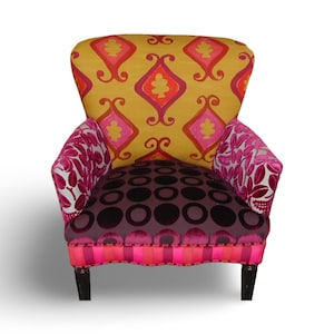 Bohemian Style, Upcycled, Upholstered, Vintage Arm Chair, Yellow and Magenta, Designers Guild Print And Velvet Fabrics, By Jane Hall Design